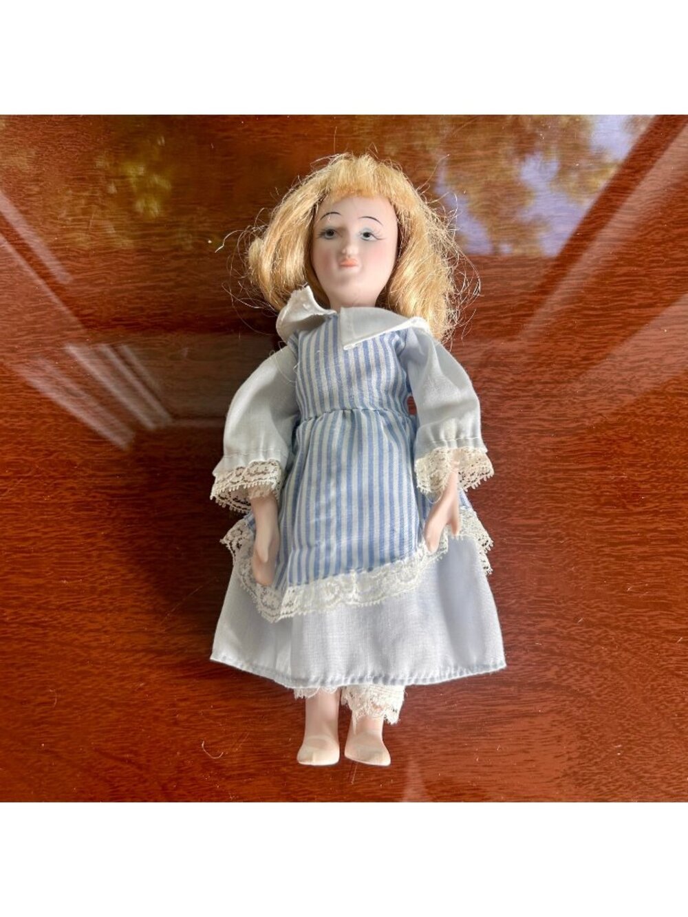 Vintage Porcelain Doll in Blue and White Dress – 8” Tall